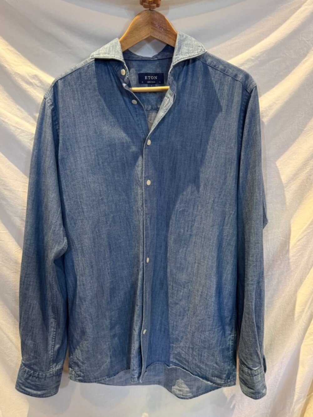 Eton Contemporary Fit Denim Chambray Shirt Men's 38/15 S 100% Cotton Blue